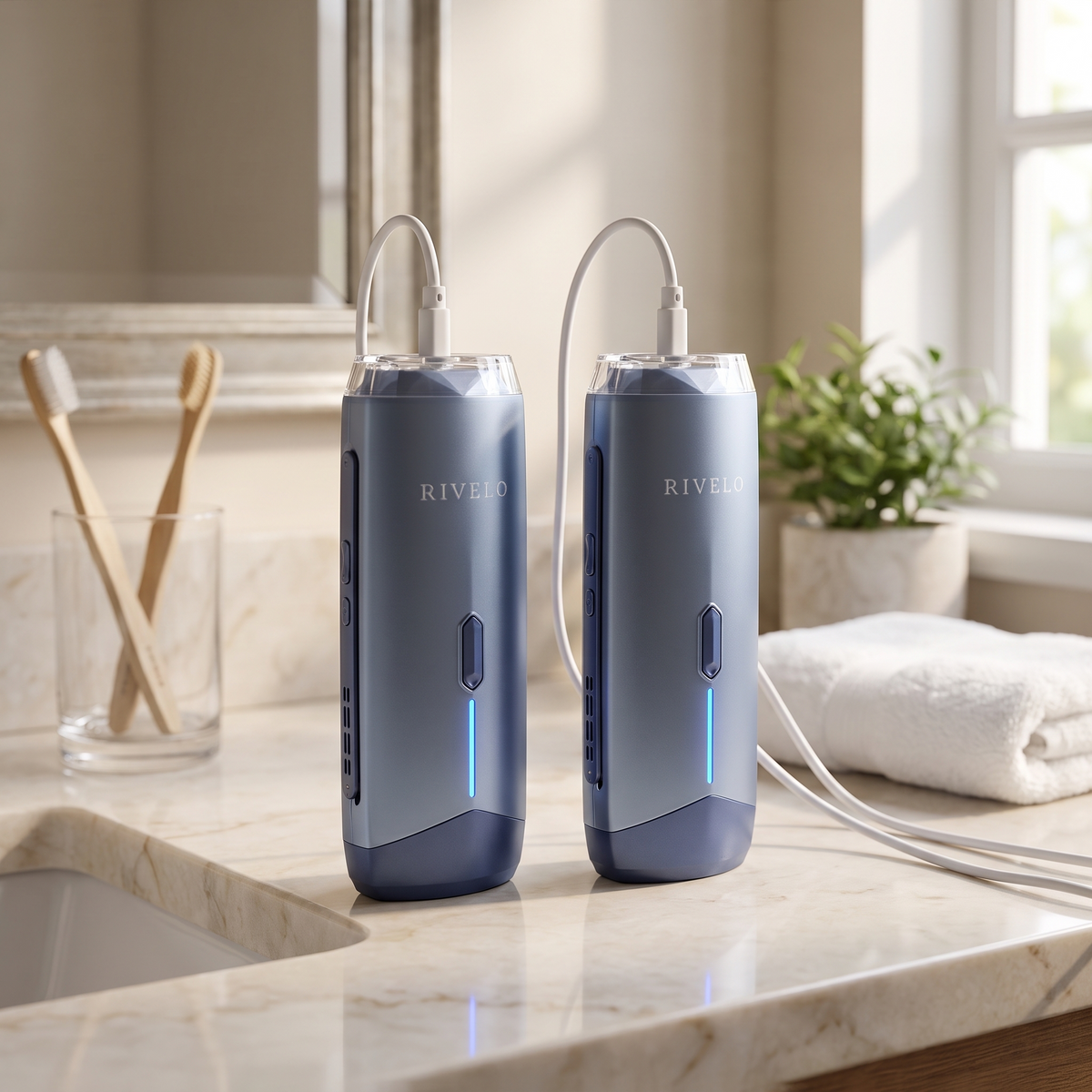 Rivelo Duo : deux appareils IPL côte à côte dans une salle de bain